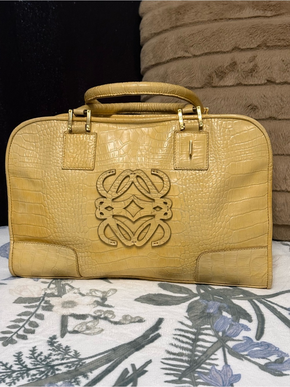 Vintage 1975 Structured Croc-Embossed Top-Handle Bag in Mustard Yellow